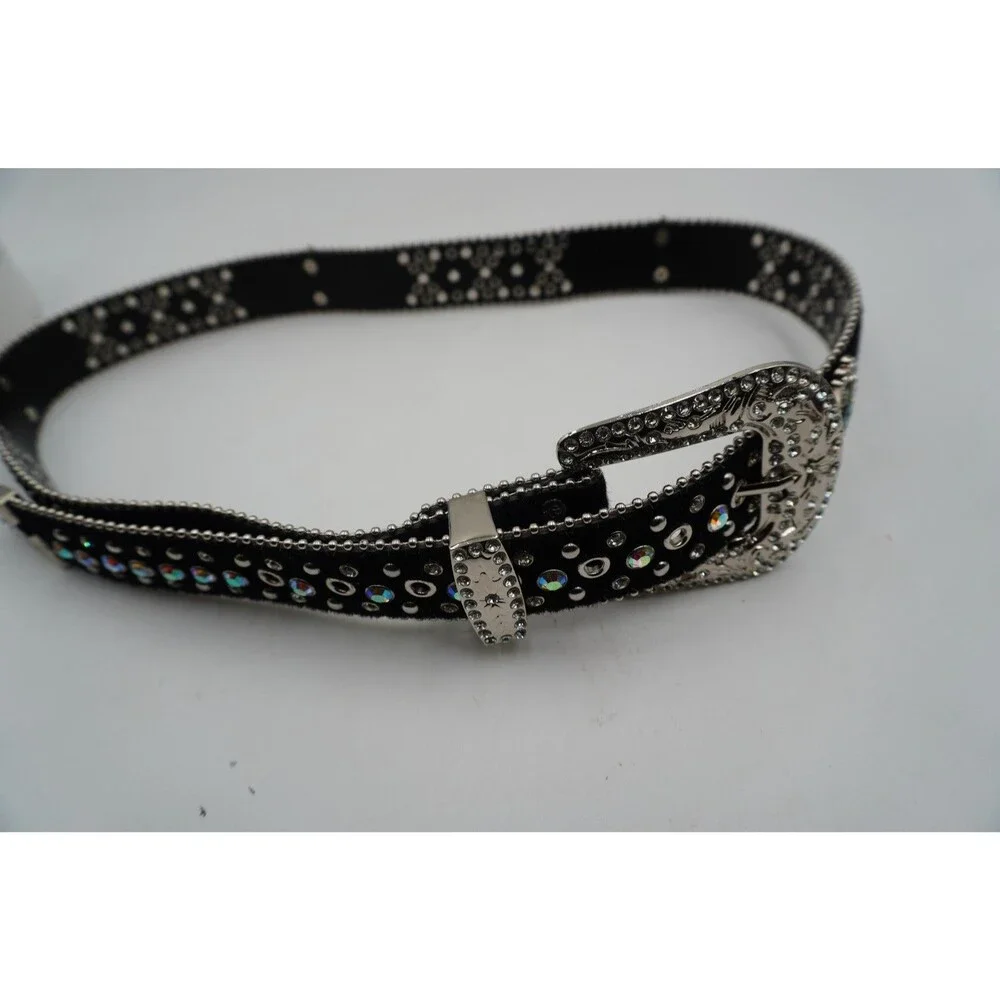 Black Pony Hair Cross Stones Studs White Stones Studded Rhinestones Belt 49